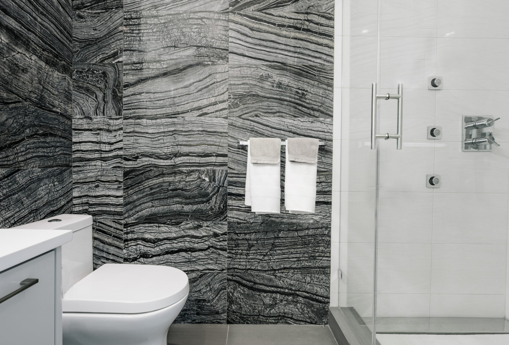 Alexandra Interiors luxurious contemporary monochromatic bathroom. Interior design Vancouver