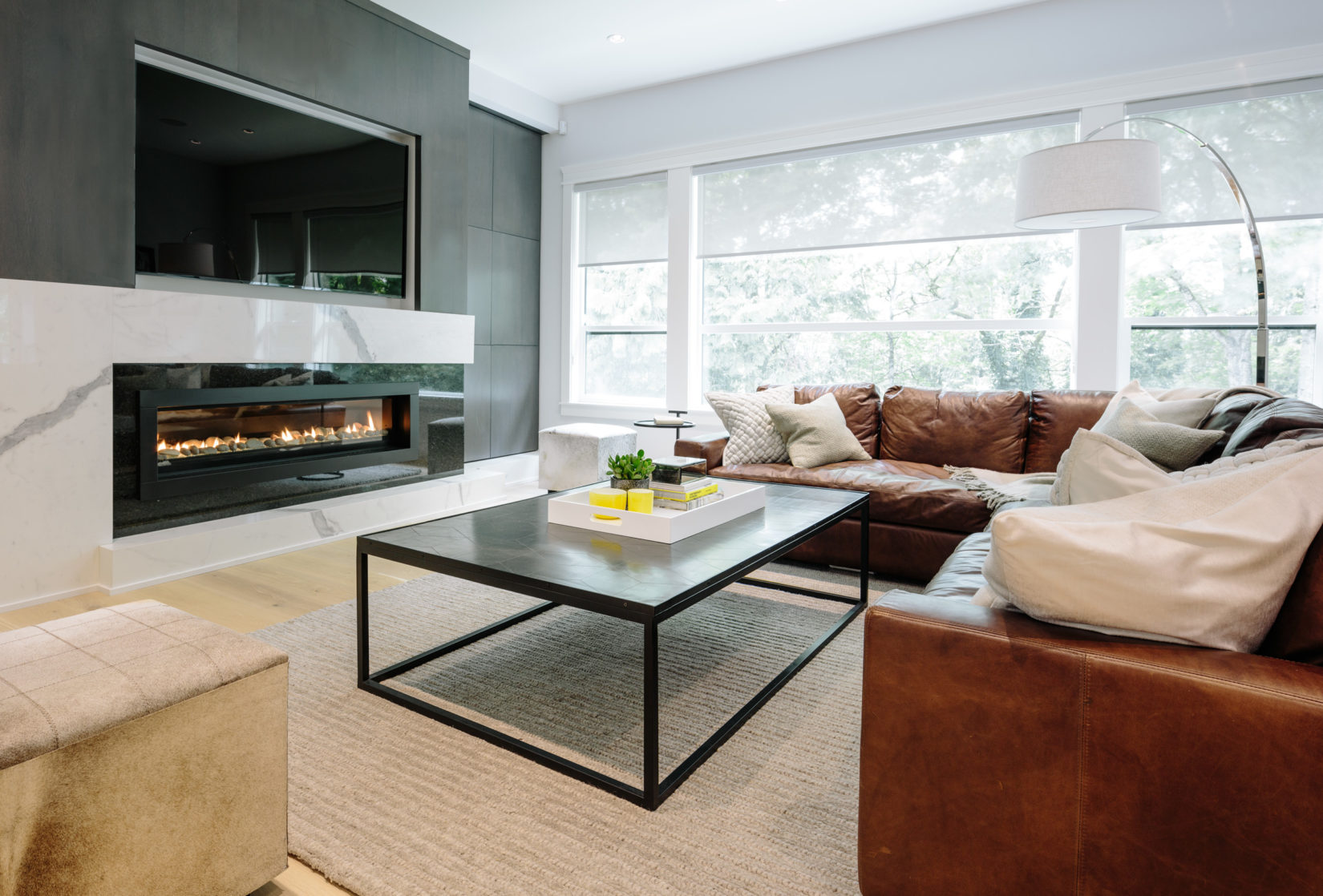 Alexandra Interiors contemporary family room with caramel leather sofa. Interior design Vancouver
