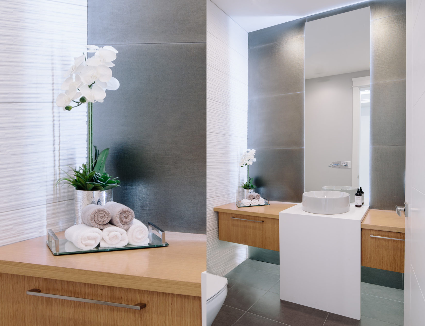 Alexandra Interiors luxurious contemporary monochromatic powder room bathroom. Interior design Vancouver