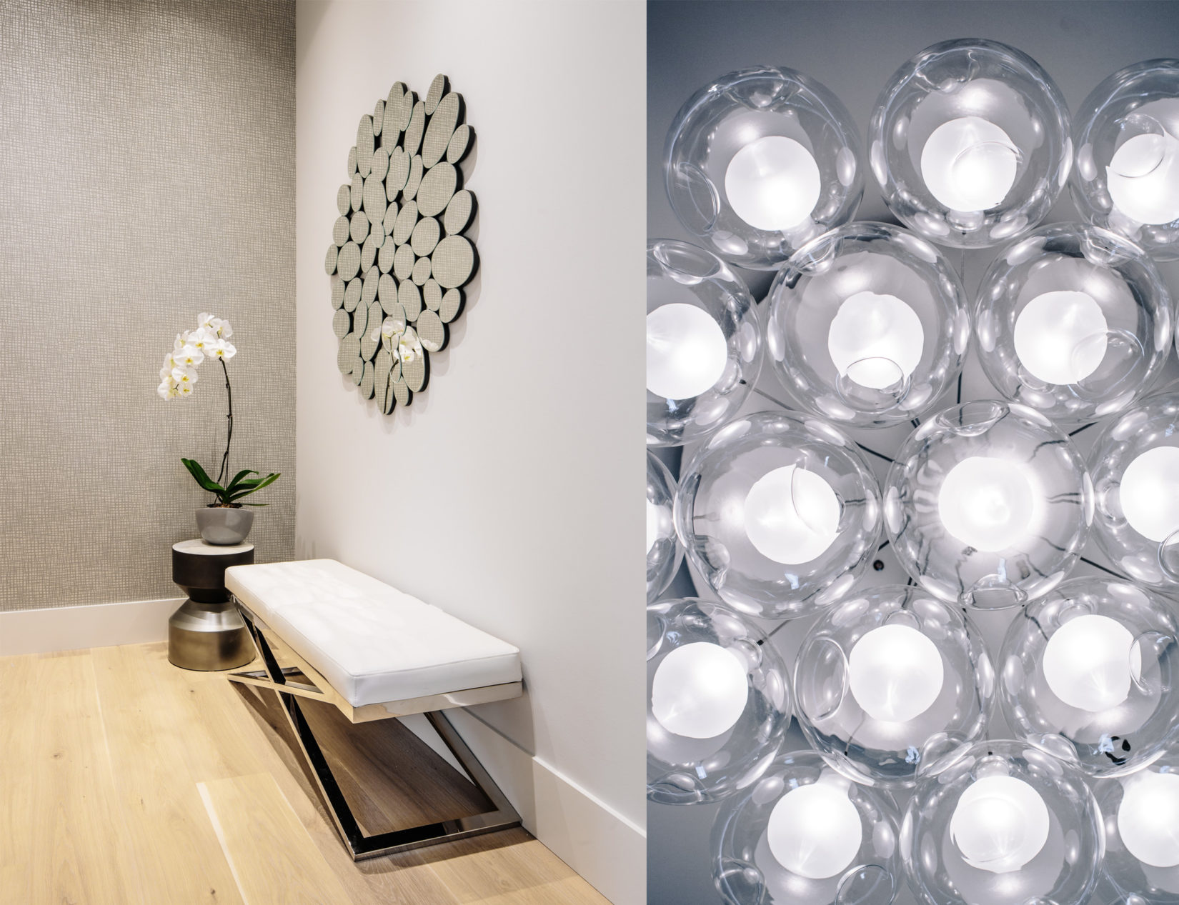 Alexandra Interiors contemporary entrance with glass bulbs cluster light fixture and white leather bench. Interior design Vancouver