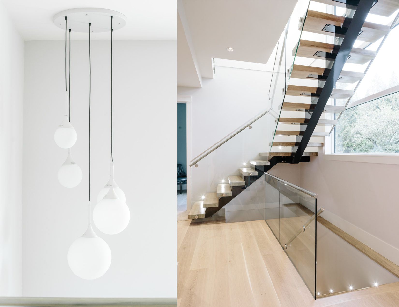 Alexandra Interiors contemporary staircase and light fixture. Interior design Vancouver